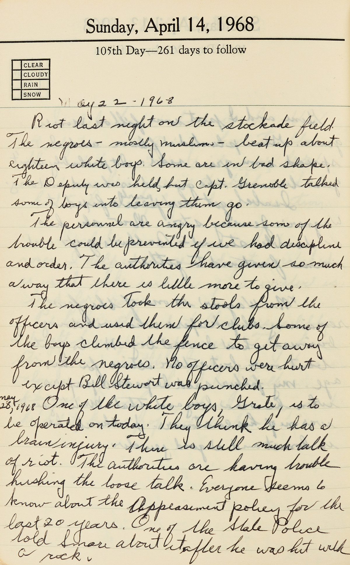 (CIVIL RIGHTS.) Arthur H. Snyder. Diary of a prison educator during the rioting which followed the King assassination.